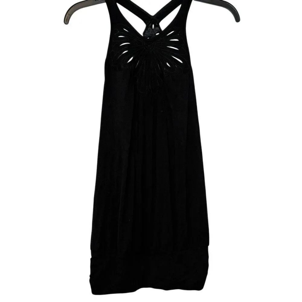 Ella Moss Cutout Floral Racerback Ruched Hem Rayon Blend Tank Dress Black Medium